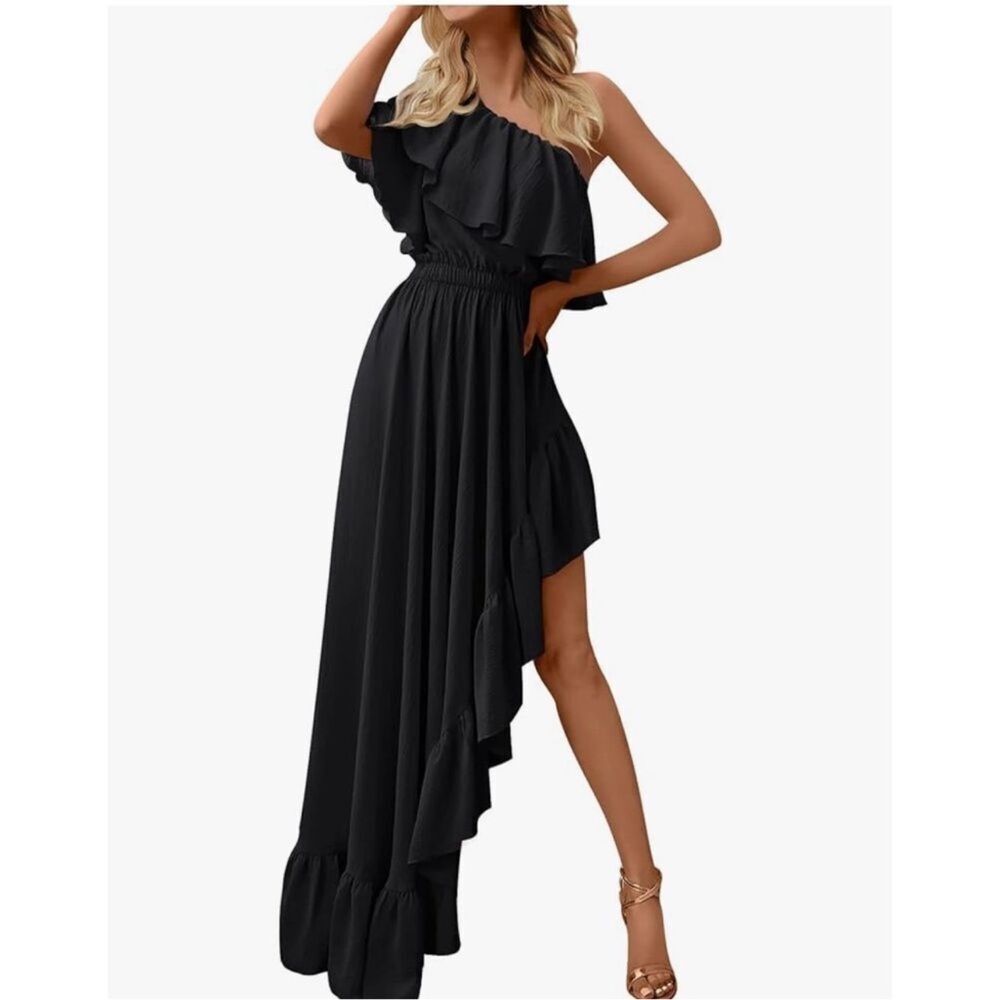 NWT ZESICA Women's One Shoulder Ruffle Asymmetrical Black Dress Size S